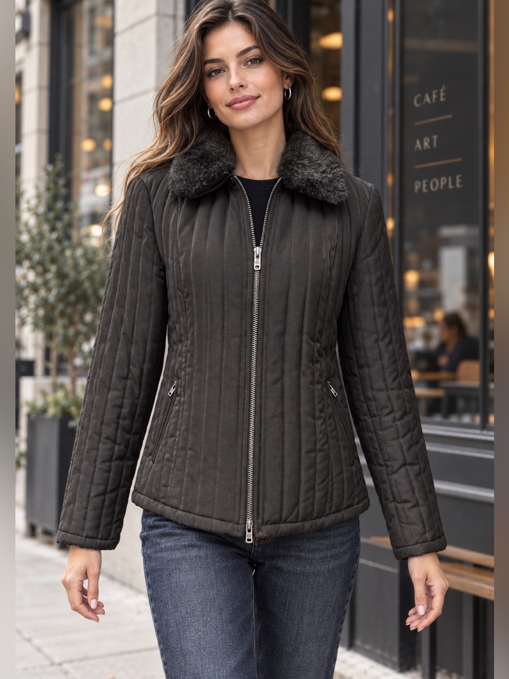 Quilted Fleece Lined Jacket Faux Fur Collar Y2K Black Esprit Medium Winter